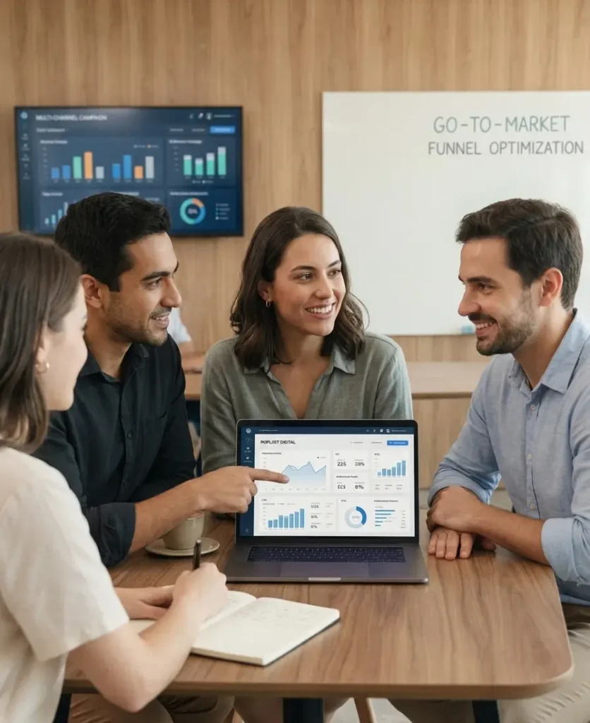 Equipe da assessoria estratégica AP Strategy analisando métricas de marketing digital e otimização de funil de vendas em uma tela de notebook em ambiente corporativo moderno