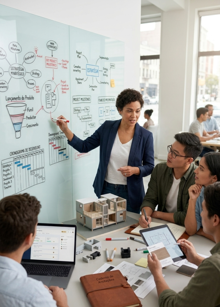 Mentora de negócios explicando planejamento estratégico e cronograma de desenvolvimento em um quadro branco para um grupo de empreendedores durante mentoria corporativa prática.