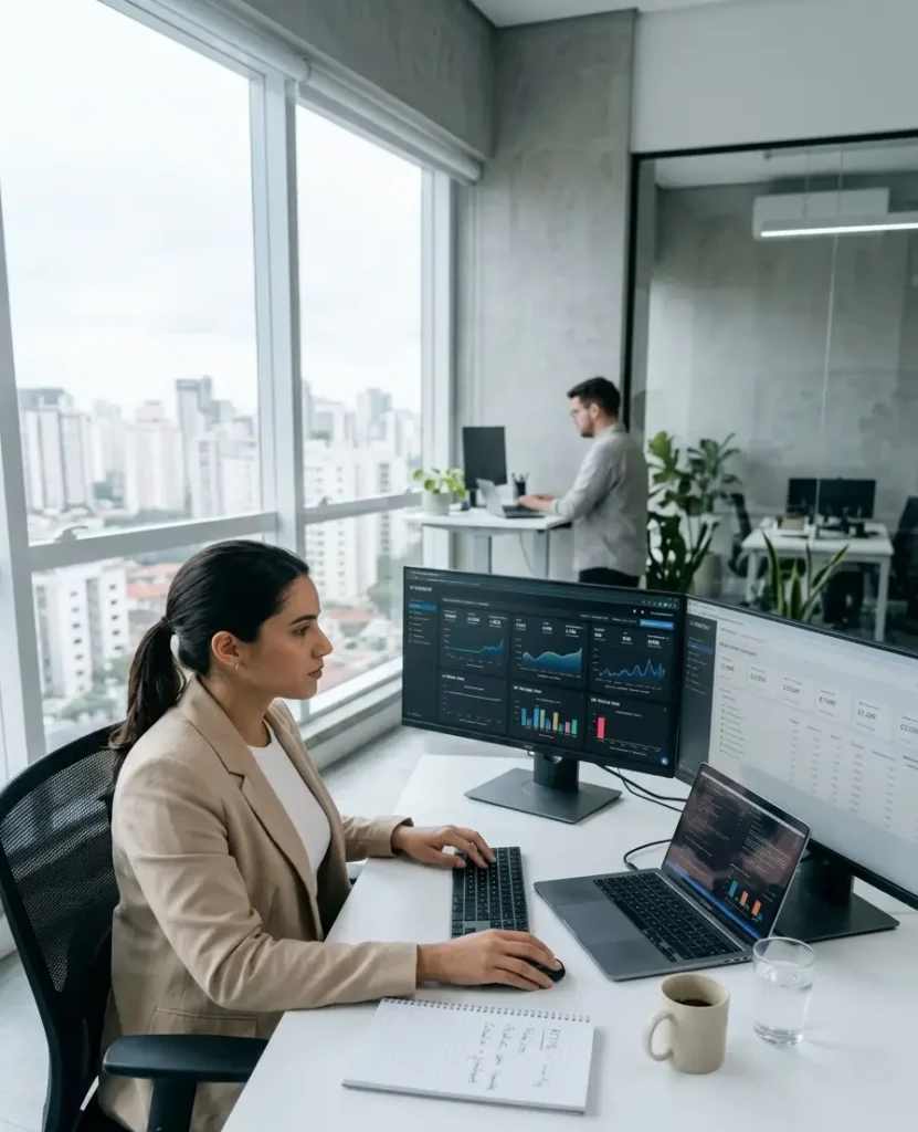 Especialista em marketing digital da AP Strategy analisando dashboards de tráfego pago e métricas de conversão em monitor duplo dentro de um escritório moderno